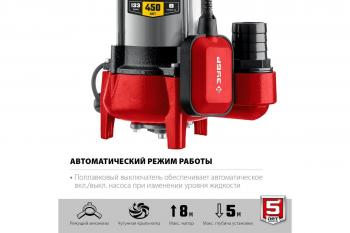 Насос фекальный НПФ-450-Р Зубр 450 Вт, 133 л/мин, Н-8 м