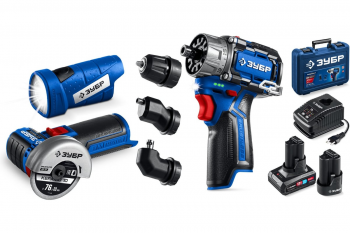 Дрель-шуруповерт + мини УШМ + фонарик, Зубр DB-12542ABF